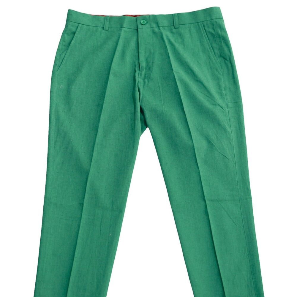 Mens 36 Emerald Green Cotton Slim Fit Flat Front Dress Pants Handmade Trousers - Picture 3 of 7